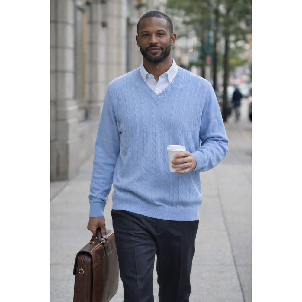 Vtg Kilburne & Finch Men's XL Blue Cable Knit Lightweight V-Neck Sweater Preppy